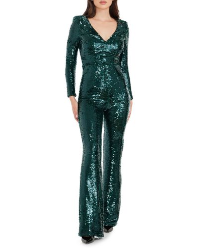 Dress the Population Carson Sequin Long Sleeve Jumpsuit - Green