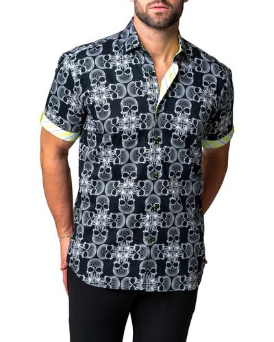 Maceoo Galileo Skull Mono Short Sleeve Cotton Button-up Shirt At Nordstrom - Black