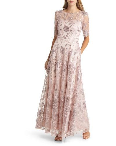 Eliza J Sequin Floral Illusion Lace Fit & Flare Gown - Pink