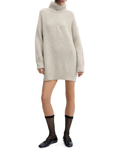 Mango Turtleneck Long Sleeve Rib Sweater Dress - Natural