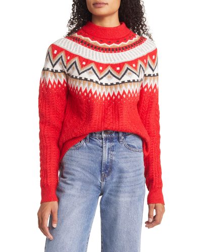 Caslon Caslon(r) Fair Isle Cable Knit Sweater - Red