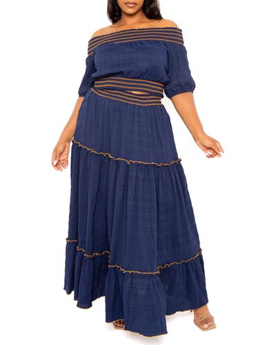 Buxom Couture Smocked Off The Shoulder Puff Sleeve Top & Maxi Skirt Set - Blue