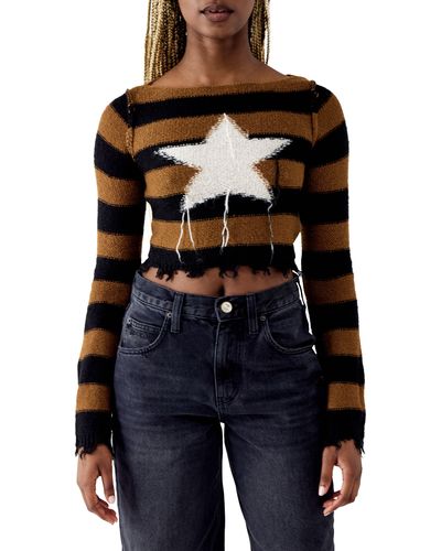 BDG Stripe Star Intarsia Crop Sweater - Blue