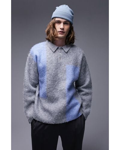 TOPMAN Colorblock Fluffy Long Sleeve Polo Sweater - Gray