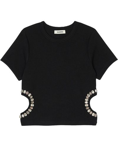 Sandro Crystal-embellished Cut-out Stretch-woven Top - Black