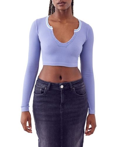 BDG Going For Gold Long Sleeve Rib Crop Top - Blue