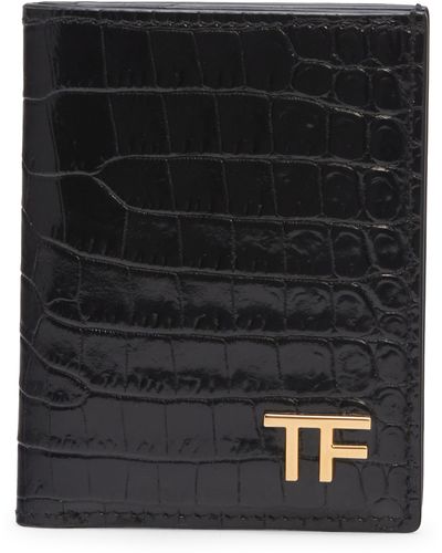 Tom Ford T-line Alligator Embossed Leather Bifold Card Holder - Black