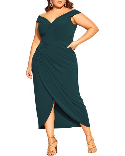 City Chic Ripple Love Off The Shoulder Maxi Dress - Green