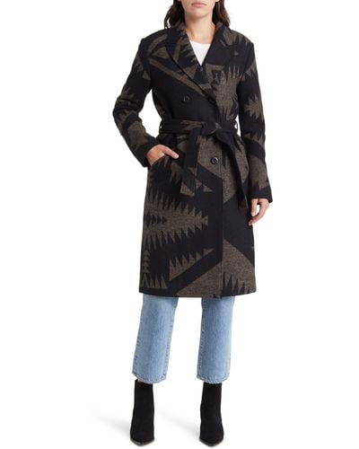 Pendleton Belted Jacquard Virgin Wool Trench Coat - Black