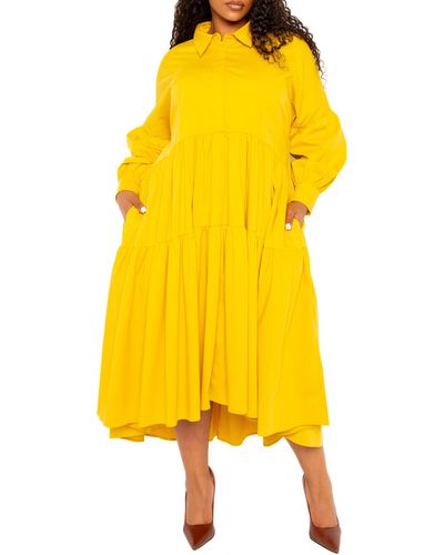 Buxom Couture Long Sleeve Tiered Cotton Blend Shirtdress - Yellow