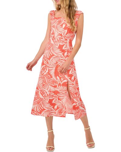 Cece Leaf Print Ruched Strap Linen Blend Midi Dress - Red