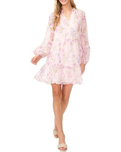 Cece Floral Print Long Sleeve Babydoll Dress - Pink