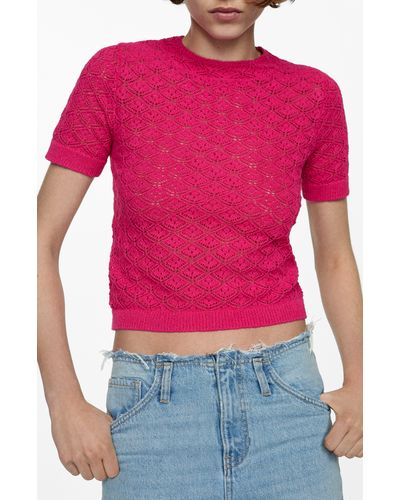 Mango Sito Crochet Stitch Short Sleeve Sweater - Red