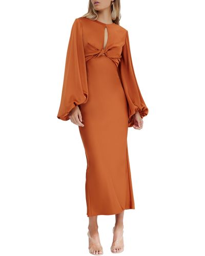 Significant Other Demi Cutout Long Sleeve Satin Maxi Dress - Orange