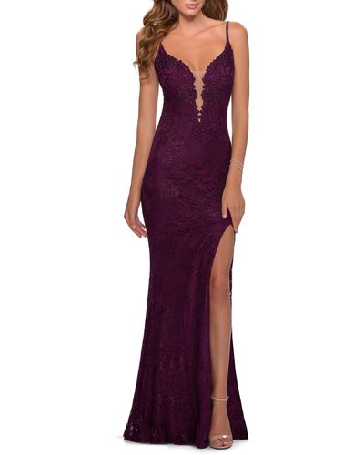 La Femme Lace Mermaid Gown - Purple