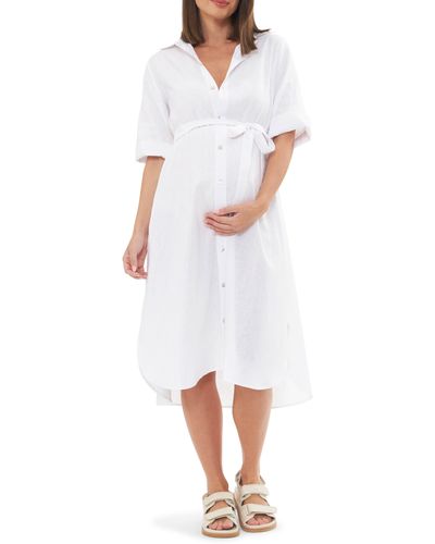 Ripe Maternity Joyce Belted Linen Blend Midi Maternity Shirtdress - White