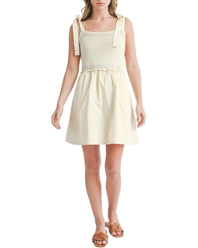 All In Favor Mixed Media Tie Strap Minidress In At Nordstrom, Size Large - Natural