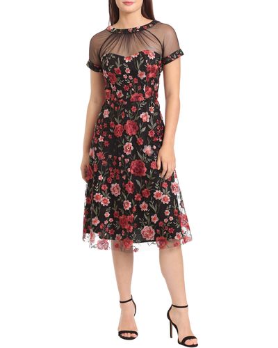 Maggy London Illusion Yoke Floral Embroidered Midi Cocktail Dress