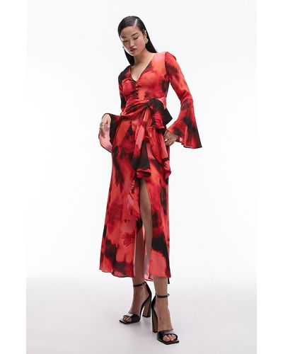 TOPSHOP Tie Dye Long Sleeve Midi Dress - Red