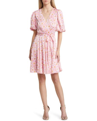 Charles Henry Floral Faux Wrap Minidress - Pink