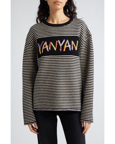 YANYAN Embroidered Logo Stripe Wool Sweater - Black