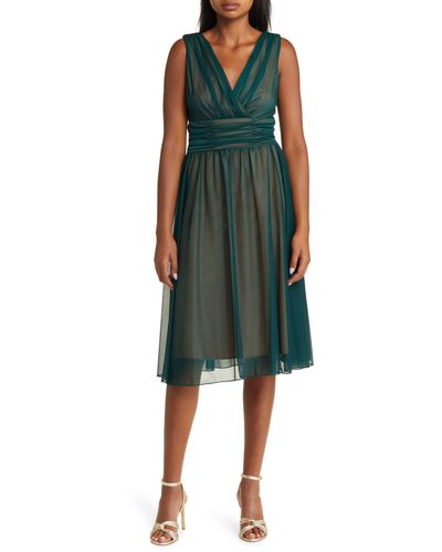 Connected Apparel Chiffon Overlay Fit & Flare Dress - Green