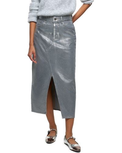 River Island Metallic Coated Cotton Denim Midi Skirt - Gray