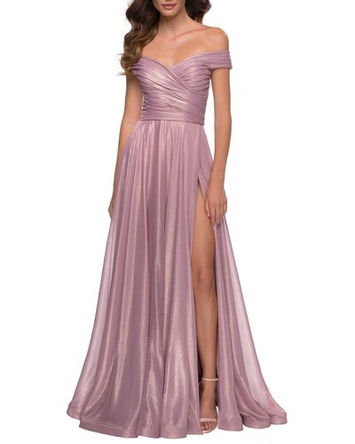 La Femme Iridescent Off The Shoulder Chiffon Gown - Purple