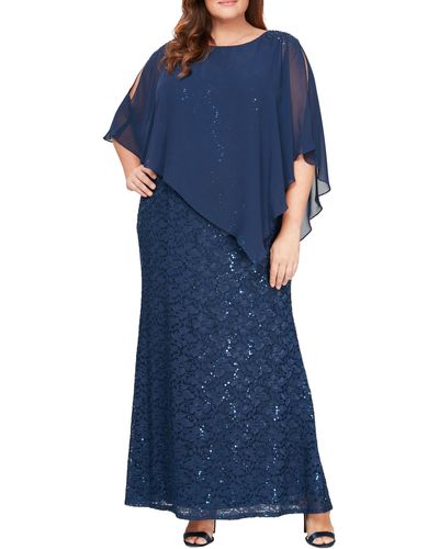 SLNY Sequin Floral Lace Dress With Capelet - Blue