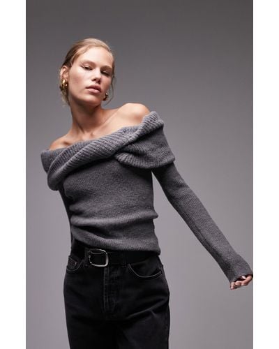 TOPSHOP Chunky Off The Shoulder Sweater - Gray