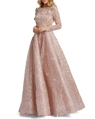 Mac Duggal Floral Embroidered & Beaded Long Sleeve Mesh Gown - Brown