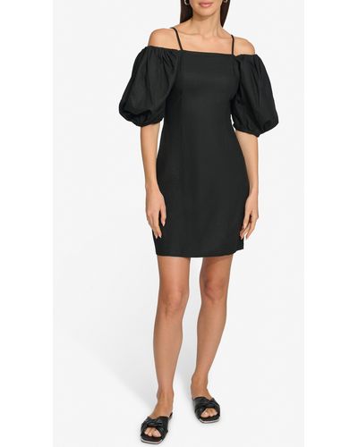 DKNY Puff Sleeve Linen Blend Sheath Dress - Black
