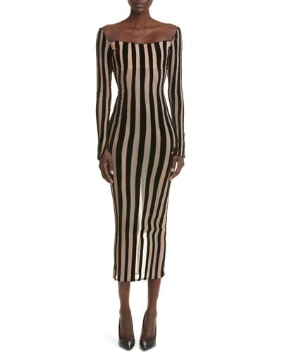 LAQUAN SMITH Stripe Semisheer Long Sleeve Midi Dress - Black
