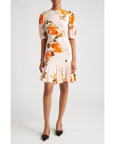 Erdem Floral Print Asymmetric Ruffle Silk Minidress - Orange