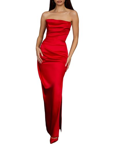 House Of Cb Adrienne Gathered Satin Strapless Gown