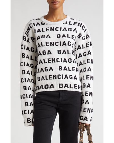 Balenciaga Allover Logo Crop Wool Blend Sweater - White