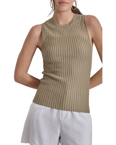 DKNY Stripe Sheer Yoke Sleeveless Sweater - Gray