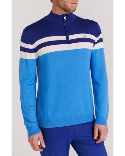 Redvanly Cooper Stripe Quarter Zip Wool Sweater - Blue