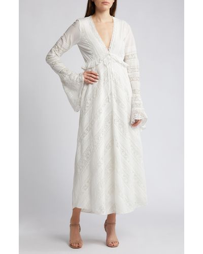 LoveShackFancy Weil Long Sleeve Plunge Neck Maxi Dress - White