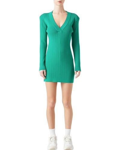 Grey Lab Power Shoulder Long Sleeve Knit Minidress - Green