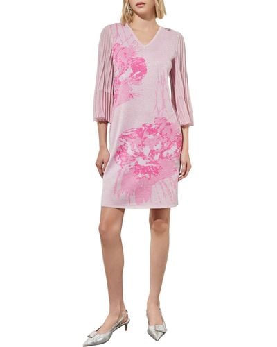 Ming Wang Floral Print Metallic Pleated Sleeve Shift Dress - Pink