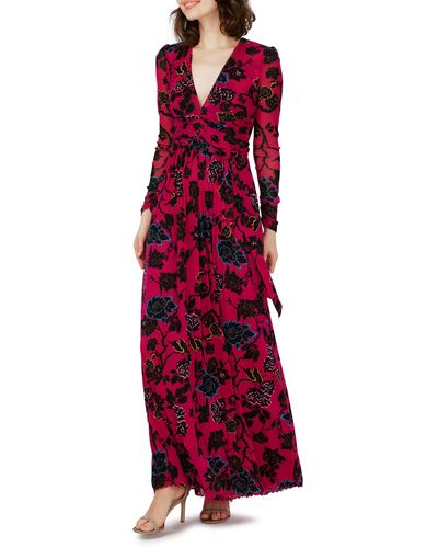 Diane von Furstenberg Anne Floral Mesh Long Sleeve Maxi Dress - Red