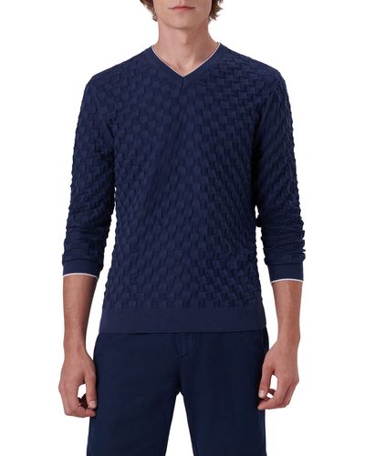 Bugatchi Basketweave Stitch V-neck Cotton Blend Sweater - Blue