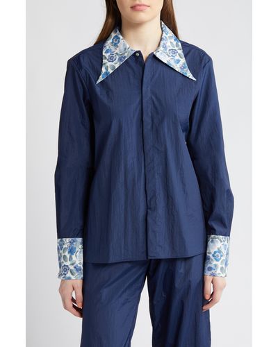 Coming of Age X Liberty London Heidi Rose Print Trim Snap Front Shirt - Blue