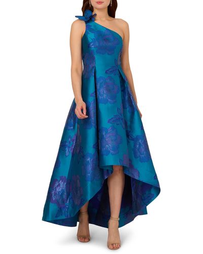 Adrianna Papell Floral Jacquard One-shoulder Gown - Blue