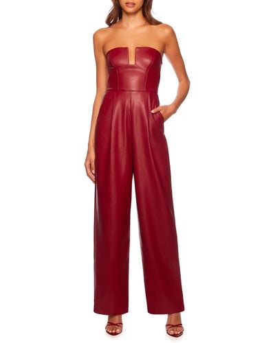 Susana Monaco Wire Strapless Wide Leg Faux Leather Jumpsuit - Red