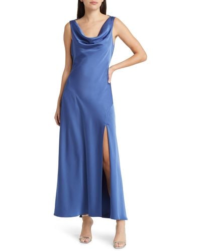 FLORET STUDIOS Cowl Neck Satin Midi Dress - Blue