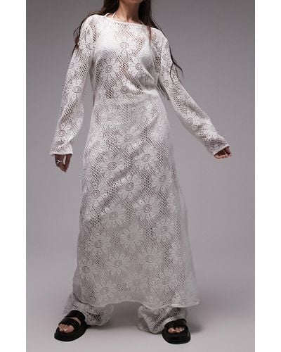 TOPSHOP Long Sleeve Floral Lace Cover-up Maxi Dress - Gray