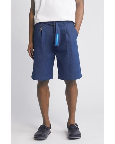 JUNGLES JUNGLES Pleated Belted Denim Shorts - Blue