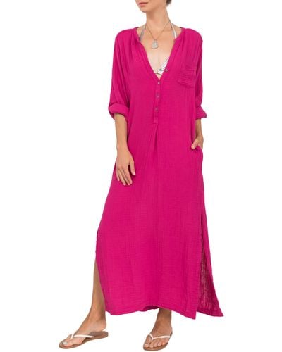 EVERYDAY RITUAL Button Front Cotton Gauze Caftan - Pink